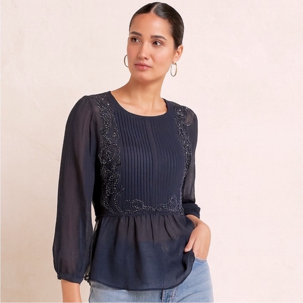 Anthropologie Maeve Helene Peplum Blouse Sheer Sequin Bead Top Blue Size 4 Boho